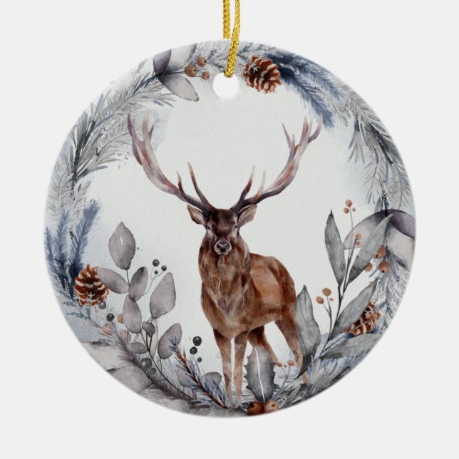 Winter-Waldhirsche Keramik Ornament (Vorne)