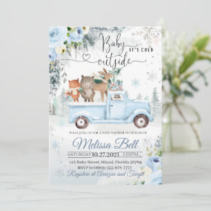 Winter-Waldtiere Blaue Lastwagen Verschneiter Baby Einladung