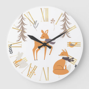 Winter-Waldtiere-Folk-Art-Weihnachten Große Wanduhr