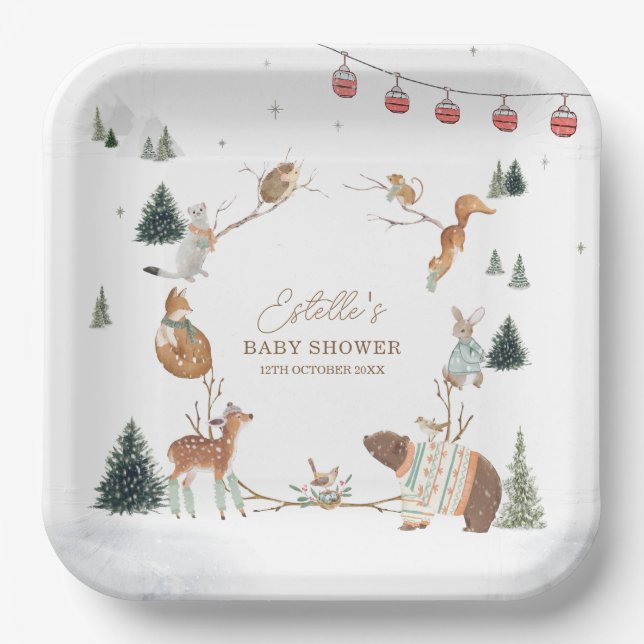 Winter-Waldtiere-Wald-Baby-Party Pappteller (Vorderseite)