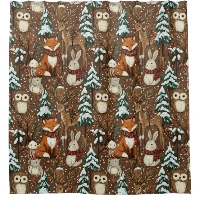Winter-Waldtiere-Weihnachtsmuster Duschvorhang (Vorderseite)