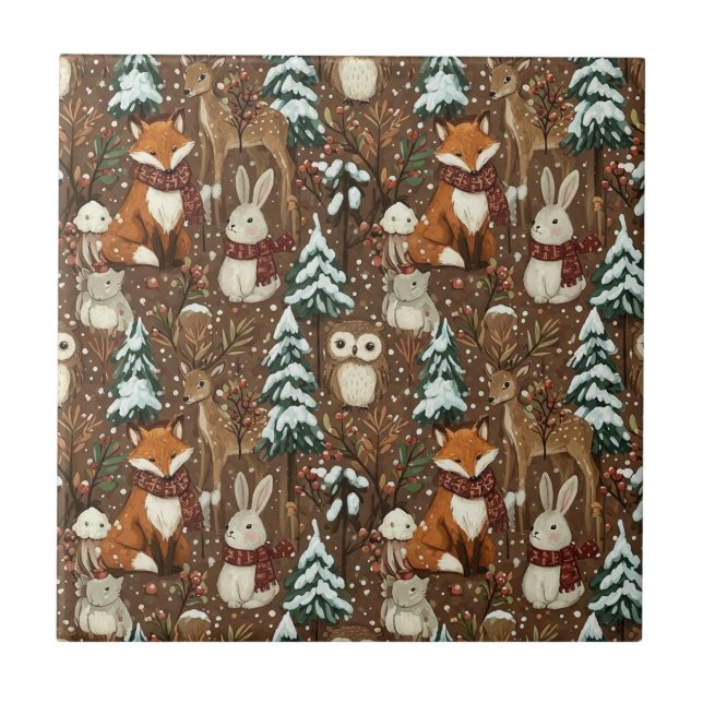 Winter-Waldtiere-Weihnachtsmuster Fliese (Vorderseite)