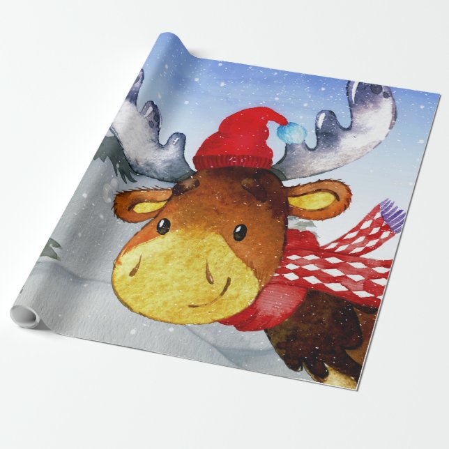Winter-Waldwaldfreund-Rotwild-Illustration Geschenkpapier (Ungerollt)