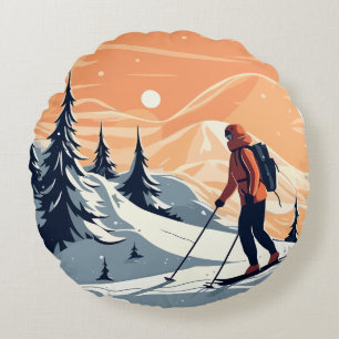 Winter-Wanderer-Bergszene Rundes Kissen
