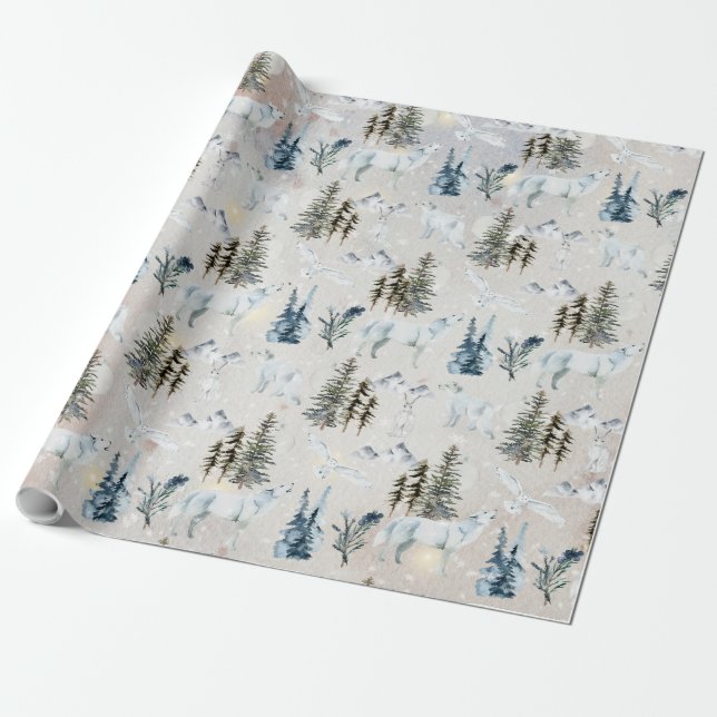 Winter Wasserfarbe Arktische Hase Wolf Fox Schneea Geschenkpapier (Ungerollt)