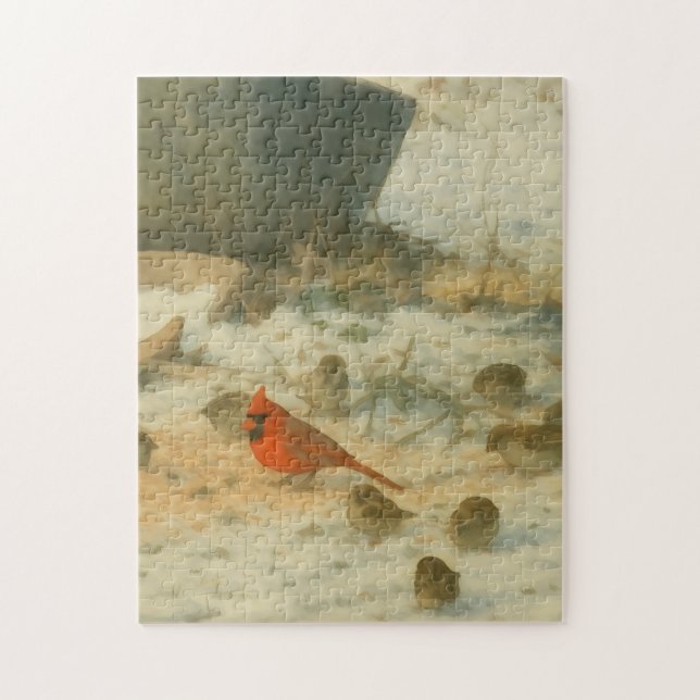 Winter-Wasserfarben-Kardinal und Spatzen Puzzle (Vertikal)