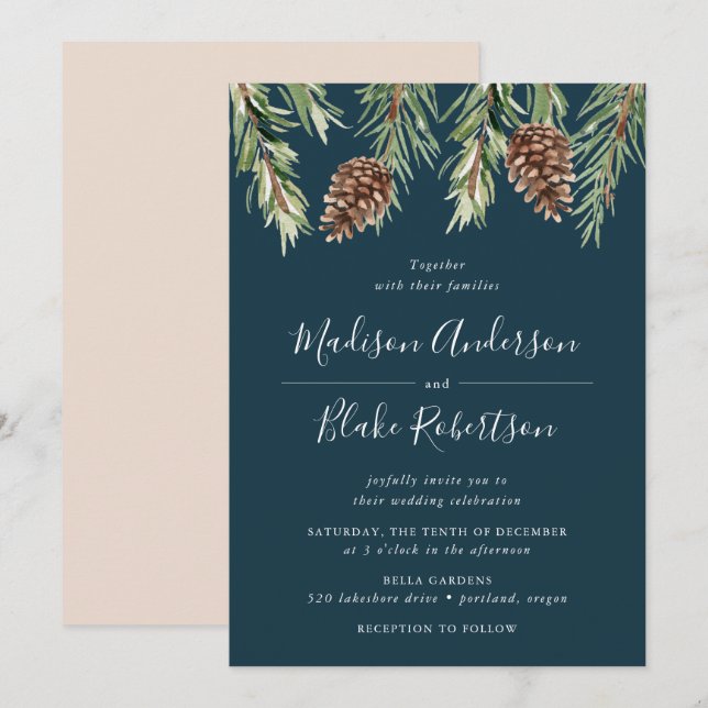 Winter Wasserfarben-Kiefernkiefer Hochzeit der Mar Einladung (Vorne/Hinten)