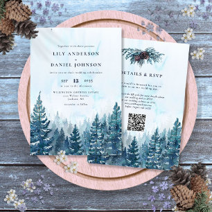 Winter-Wasserfarben-Kiefernwald Hochzeit QR-Code Einladung