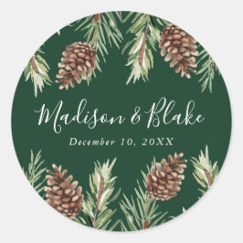 Winter Wasserfarben Pine Cone Grüne Hochzeit Runder Aufkleber