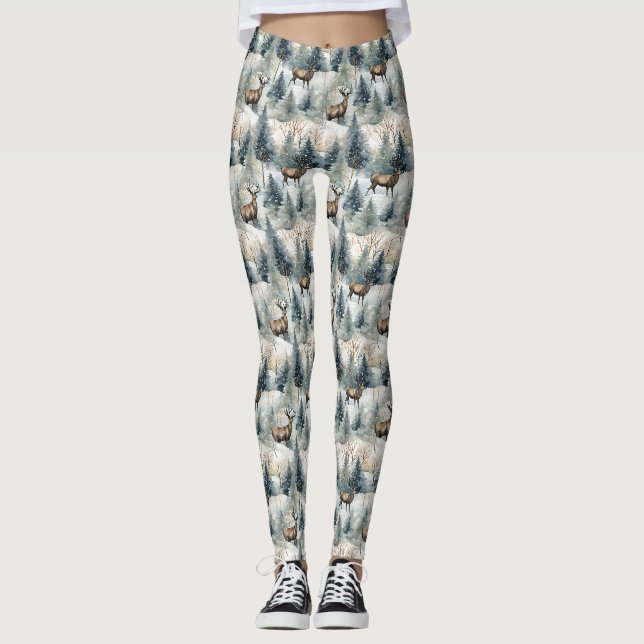Winter-Wasserfarben-Waldhirsche (1) Leggings (Vorderseite)