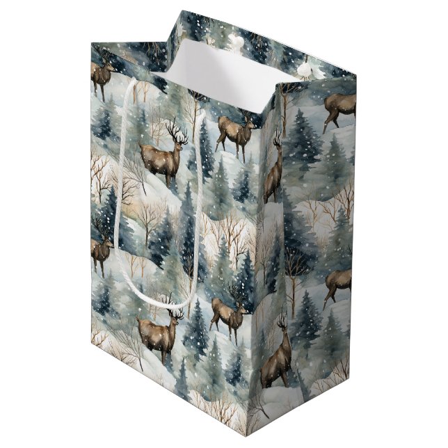 Winter-Wasserfarben-Waldhirsche (1) Mittlere Geschenktüte (Vorderseite Schrägansicht)