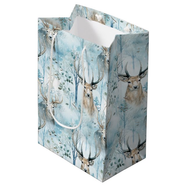 Winter-Wasserfarben-Waldhirsche (2) Mittlere Geschenktüte (Vorderseite Schrägansicht)
