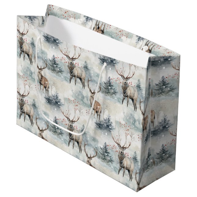 Winter-Wasserfarben-Waldhirsche (4) Große Geschenktüte (Vorderseite Schrägansicht)