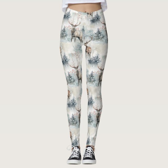 Winter-Wasserfarben-Waldhirsche (4) Leggings (Vorderseite)