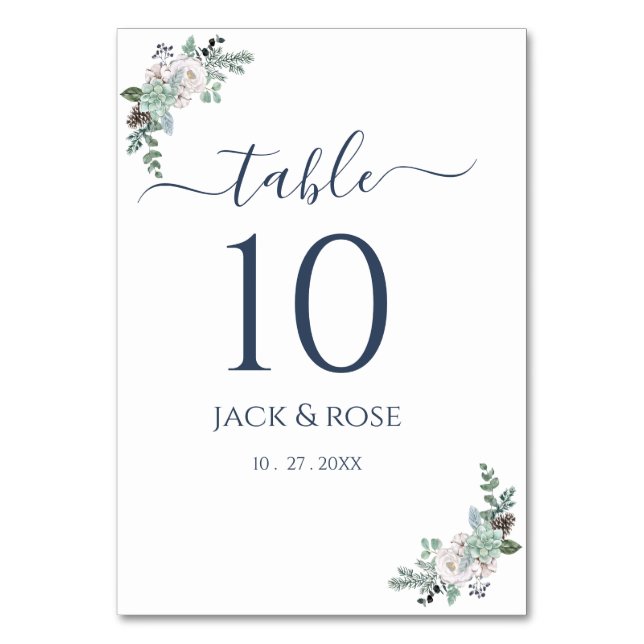 Winter-Wasserfarbenhochzeit Tischnummer (Vorderseite)