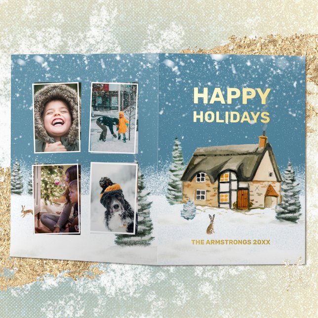 Winter Watercolor Bauernhof Familienhaus Foto (Winter Watercolor Farmhouse Family Photo Foil Holiday Card ©Susanne Sachers - Sunny Mind 🌞)