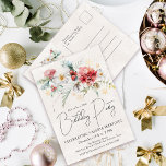 Winter Watercolor Blume 30. Geburtstag Party Einladungspostkarte<br><div class="desc">Rot-weiße Blume in den Aquarellen sind in sanften, grünen Blätter und Blättern eingebettet. Schneeflocken aus Gold sorgen für eine festliche Touch. Ein elegantes, einfaches und modernes Drehbuch verleiht ihm eine offene und luftige Atmosphäre. Im hinteren Teil des Hauses befindet sich ein Blumenkochett, Ihre Rücksendeadresse und Ihr Platz, um die Informationen...</div>