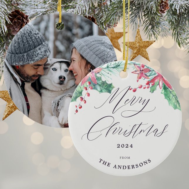 Winter Watercolor Botanicals Foto Frohe Weihnachte Keramik Ornament (Mockup View)