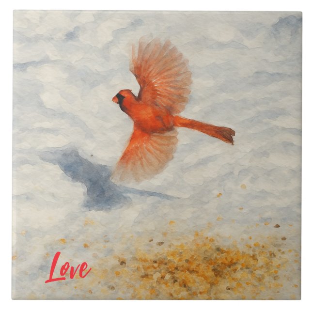 Winter Watercolor Cardinal in Flight Fliese (Vorderseite)