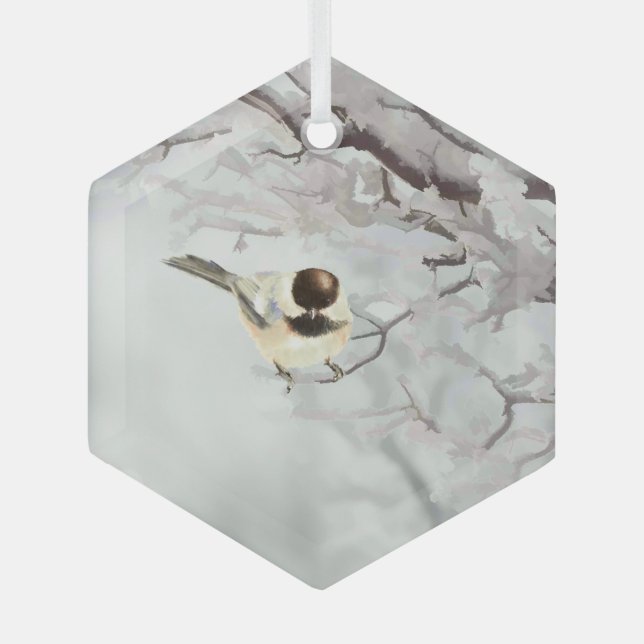 Winter Watercolor Chickadee Schneebäume Frost Ornament Aus Glas (Vorderseite)