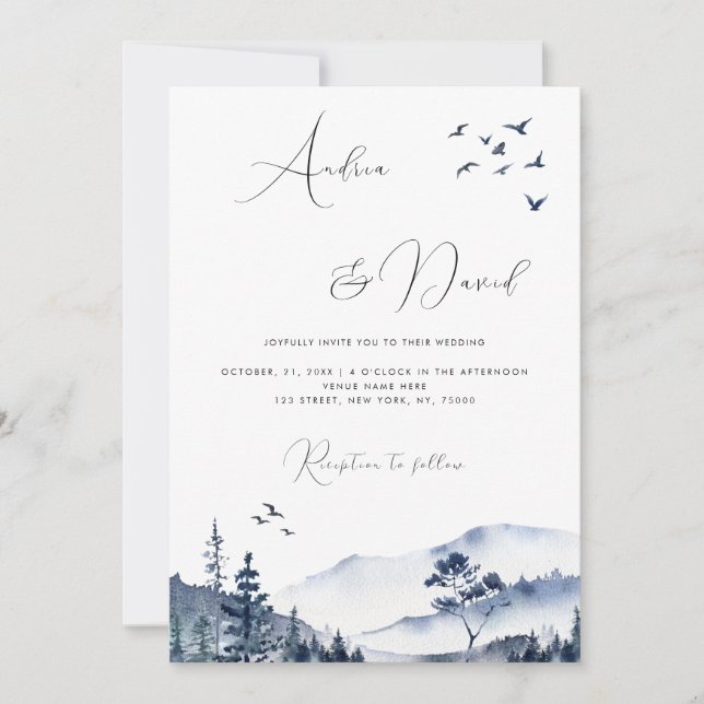 Winter Watercolor Hills Mountains QR Code Hochzeit Einladung (Vorderseite)