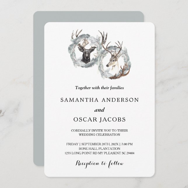 Winter Watercolor Hirschreath Silver Einladung (Vorne/Hinten)