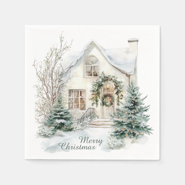 Winter Watercolor Holiday House Christmas Serviette (Vorderseite)
