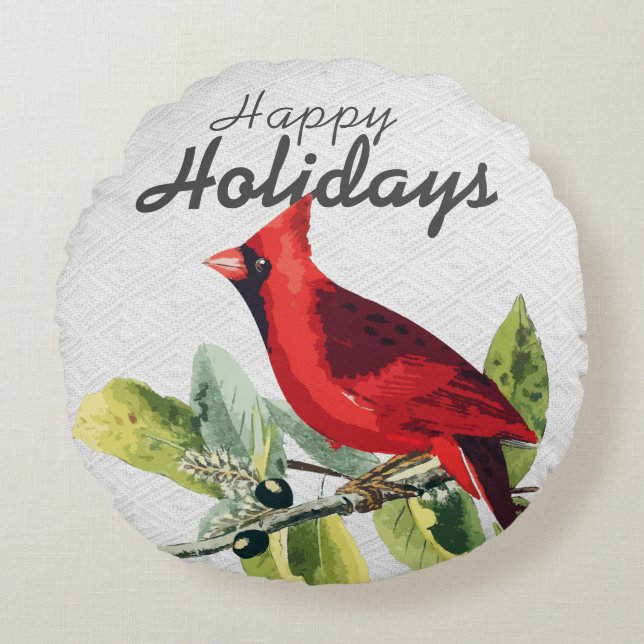Winter Watercolor Kardinal Happy Holidays Rundes Kissen (Vorderseite)