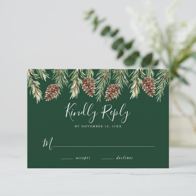 Winter Watercolor Pine Cone Wedding RSVP Begleitkarte (Stehend Vorderseite)