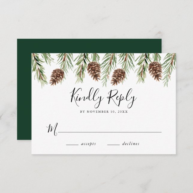 Winter Watercolor Pine Cone Wedding RSVP Begleitkarte (Vorne/Hinten)