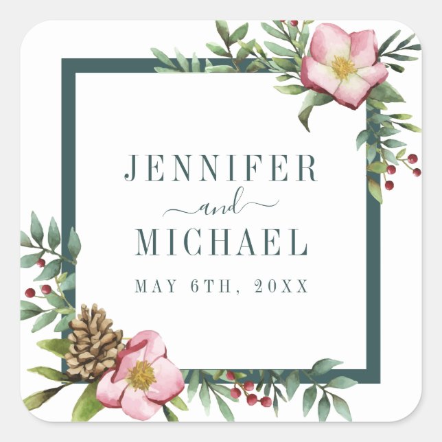 Winter Watercolor Weihnachten Rose Grüntöne Quadratischer Aufkleber (Vorderseite)