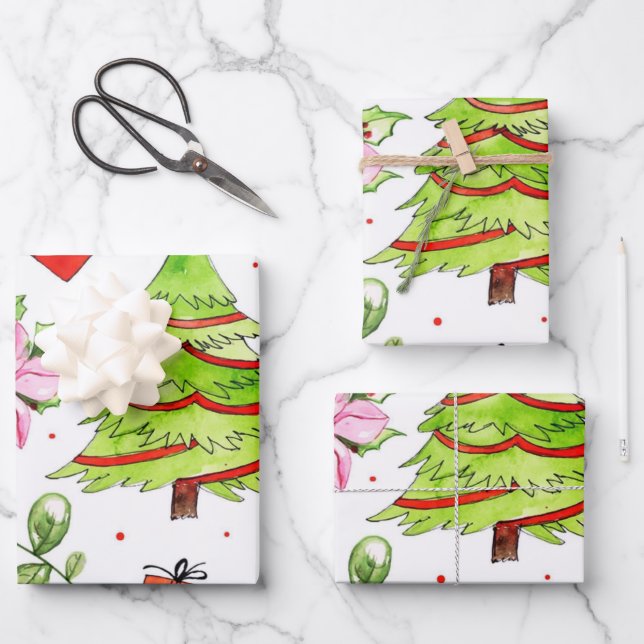 Winter Watercolor Weihnachtsbaum Geschenkpapier Set (Vorderseite)
