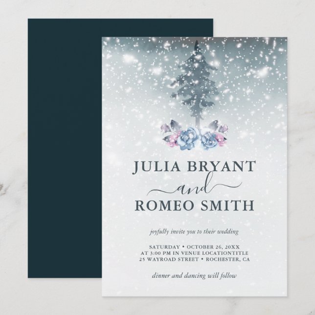 Winter Wedding Blue Pine Tree Einladung (Vorne/Hinten)