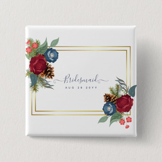 Winter Wedding Burgundy Aquamarin Blue Modern Button (Vorderseite)