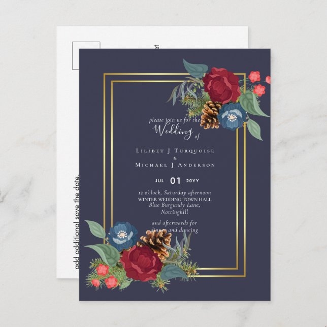 Winter Wedding Burgundy Aquamarin Blue Modern Postkarte (Vorne/Hinten)