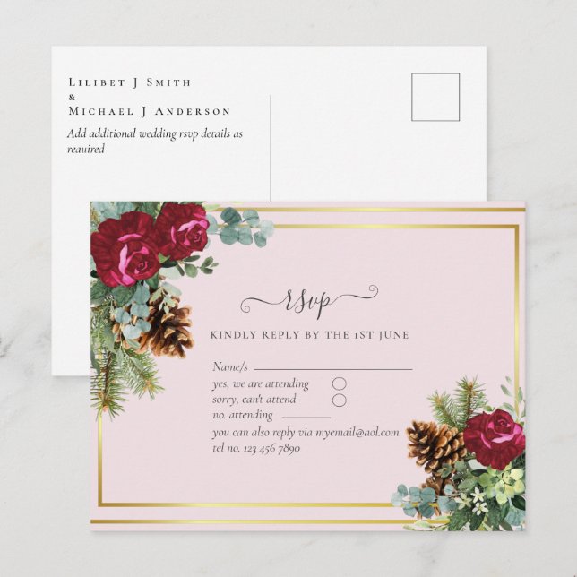 Winter Wedding Burgundy Rose Eukalyptus Postkarte (Vorne/Hinten)