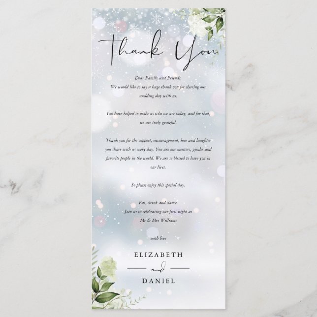 Winter Wedding Empfang Danke Platzkarte Menükarte (Vorderseite)