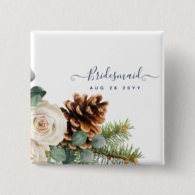 Winter Wedding Eukalyptus Grüne Weiße Rosen Button (Vorderseite)