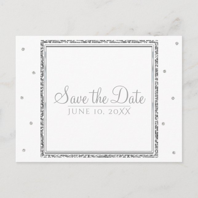 Winter Wedding Glam Silver & White Save the Date Ankündigungspostkarte (Vorderseite)
