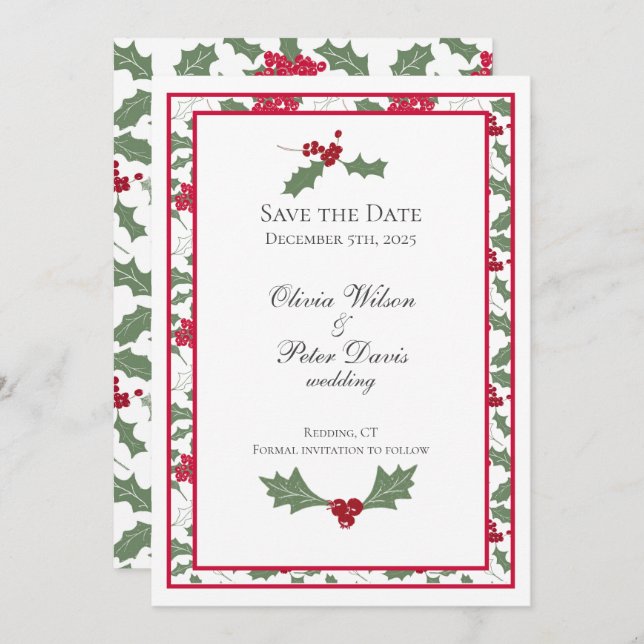 Winter Wedding Holly Save the Date Card (Vorne/Hinten)
