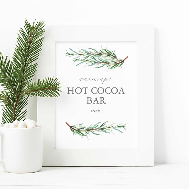 Winter Wedding Hot Chocolate Bar Sign Poster (Winter wedding hot cocoa bar sign features simple watercolor pine bough art by Victoria Grigaliunas)