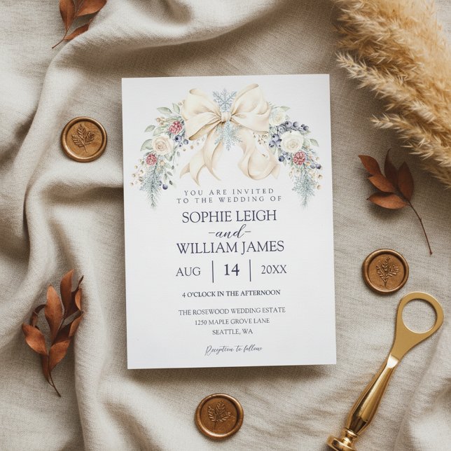 Winter Wedding Invitation with Cream Bow and Flora Einladung (blush and blue wedding invite
personalized winter wedding invite)