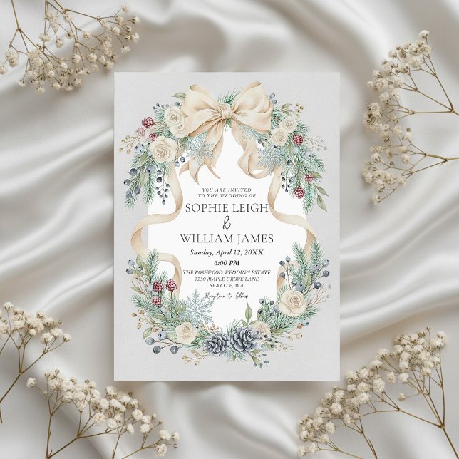 Winter Wedding Invitation with Cream Bow and Flora Einladung (elegant winter wedding invitation)