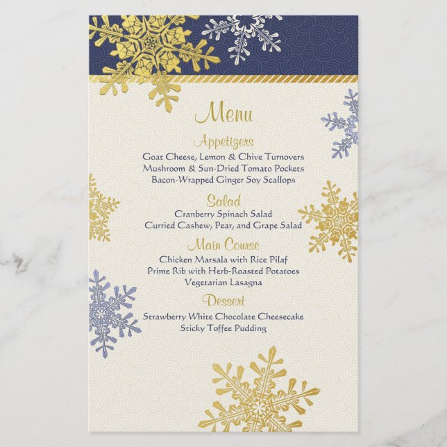 Winter Wedding Menu Card für Navy Blue Gold Snowfl (Vorderseite)