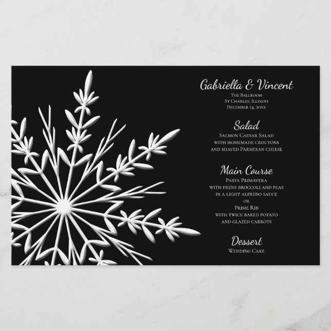 Winter Wedding Menu mit Schwarz und Weiß Snowflake (Vorderseite)