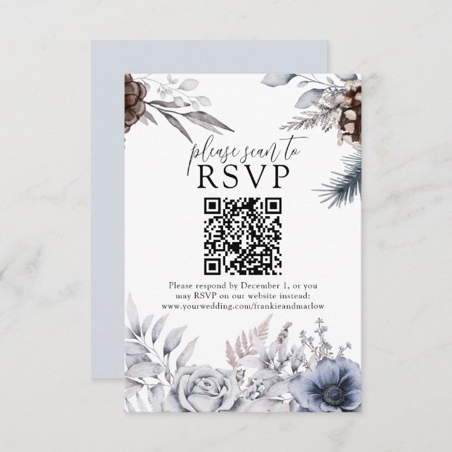 Winter Wedding Pine Cone QR Website RSVP Card (Vorne/Hinten)