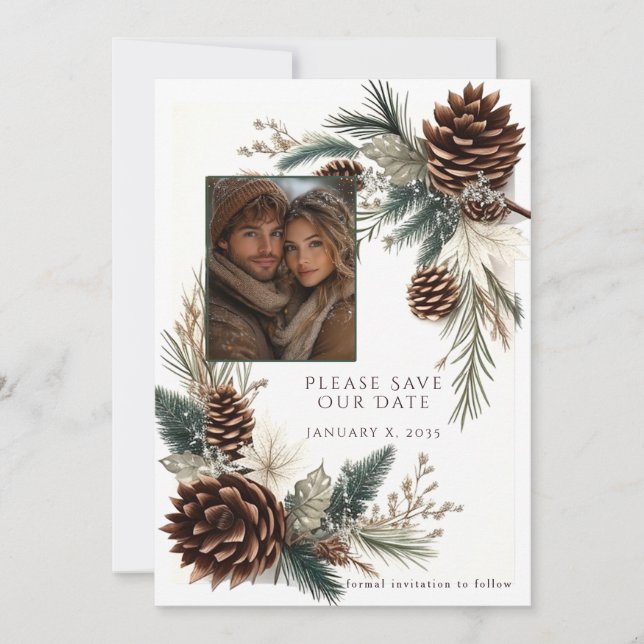 Winter Wedding Pine Cones Pine Needles Save The Date (Vorderseite)