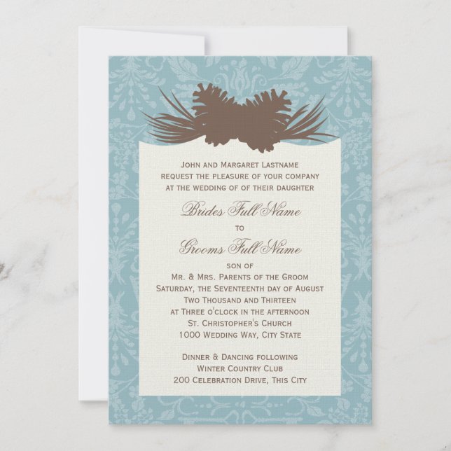 Winter Wedding Pinecones und Damask Einladung (Vorderseite)