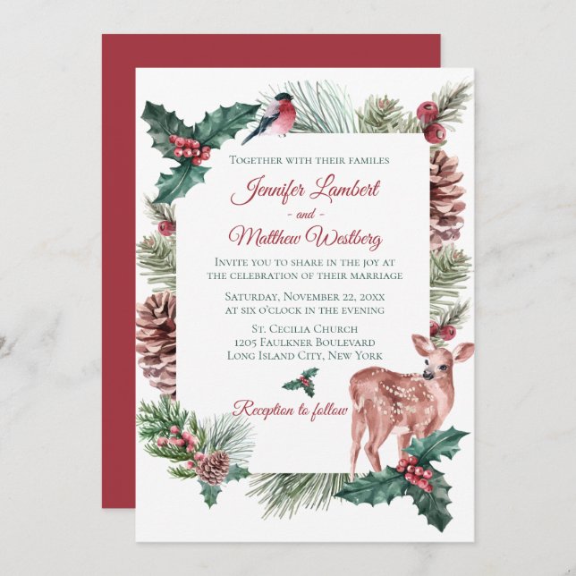 Winter Wedding Red Christmas Rentier Deer Floral Einladung (Vorne/Hinten)
