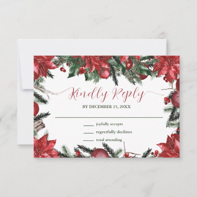 Winter Wedding Red Poinsettia Pine Greenery RSVP Karte (Vorderseite)